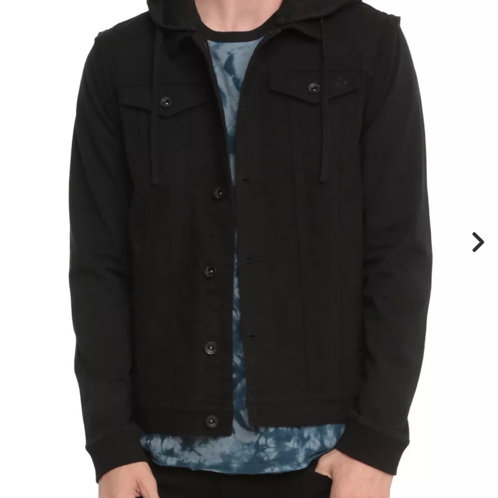 RUDE XXX Hot Topic Black Denim jacket adjustable sleeves with Hood size XL